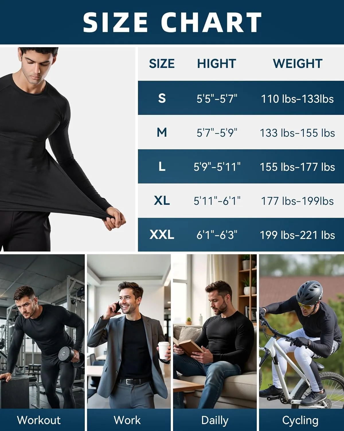3 Pack Men's Compression Shirts Long Sleeve Athletic Base Layer Running Top UV Sun Protection Outdoor Work Out Shirts Black S