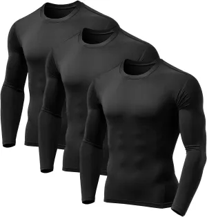 3 Pack Men's Compression Shirts Long Sleeve Athletic Base Layer Running Top UV Sun Protection Outdoor Work Out Shirts Black S