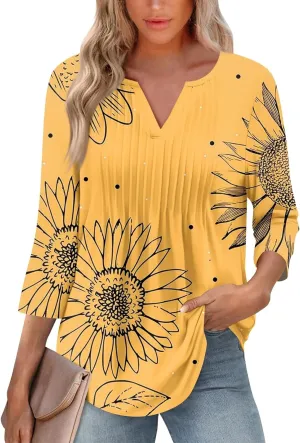 3/4 Sleeve Blouses For Women Dressy Casual V Neck Summer Tops For Women With Leggings Pleated Curved Hem Tunic