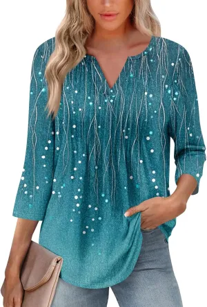 3/4 Sleeve Blouses For Women Dressy Casual V Neck Summer Tops For Women With Leggings Pleated Curved Hem Tunic