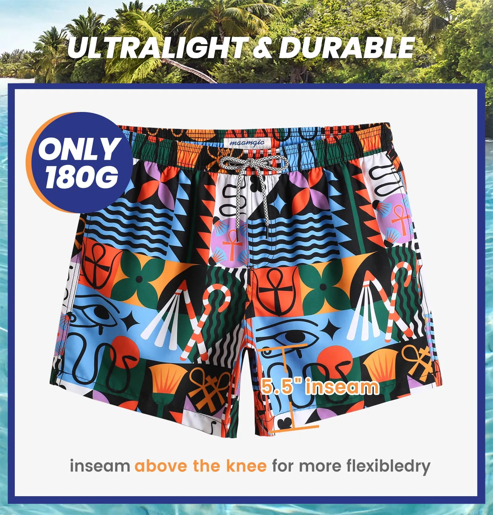 5.5 Inch Inseam Egyptian Pattern Swim Trunks