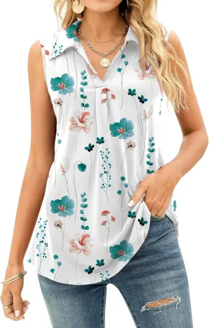AKEWEI Sleeveless Tops for Women - Summer V Neck Casual Tank Tops Loose Solid Collar Polo Shirts