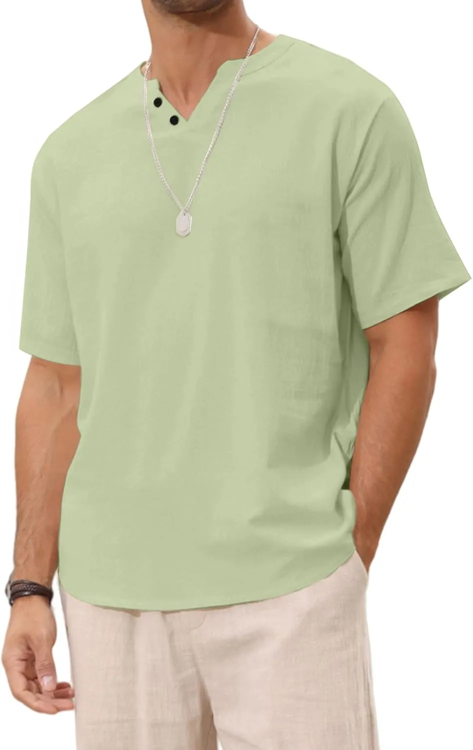 Angbater Men's Linen Shirt Short Beach Hippie T Shirts Casual Summer Lightweight Tropical Henley Shirts
