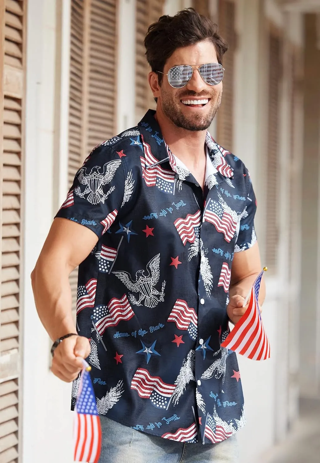 Arvilhill Men American Flag Button Shirt 4th of July Short Sleeve Shirts (S-3XL)