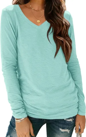ATHMILE Womens Long Sleeve V Neck Shirts Basic Tee Casual Top Fall Trendy Tunic Outfits Fitted T Shirts