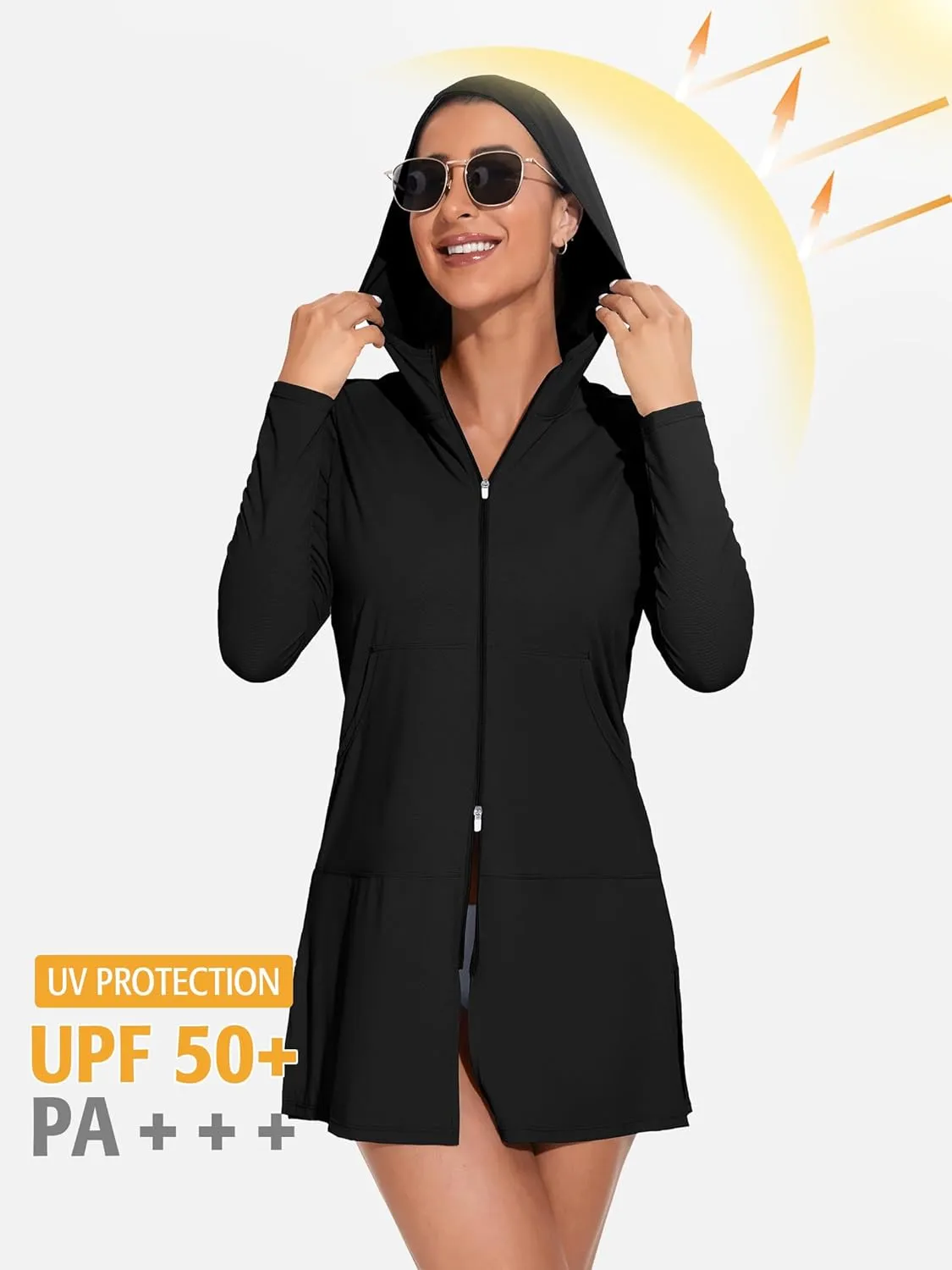 ATTRACO Womens Rash Guard Shirts Hooded Swim Shirts with Pockets Zipper Swimsuit Cover Up