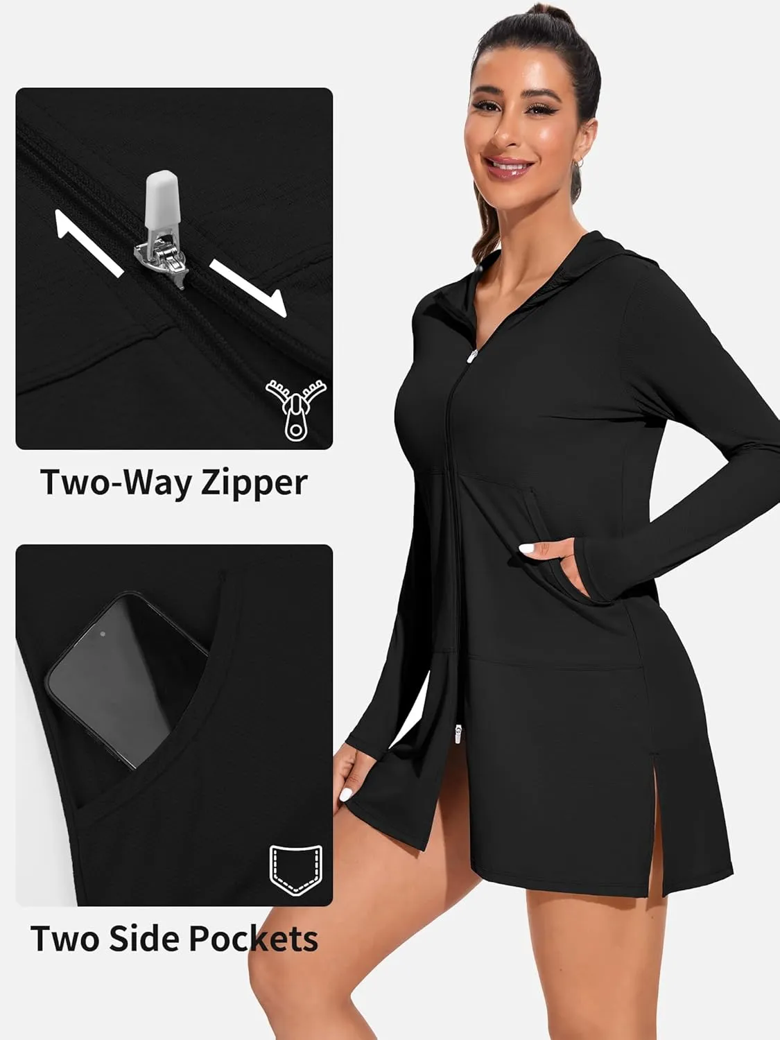 ATTRACO Womens Rash Guard Shirts Hooded Swim Shirts with Pockets Zipper Swimsuit Cover Up