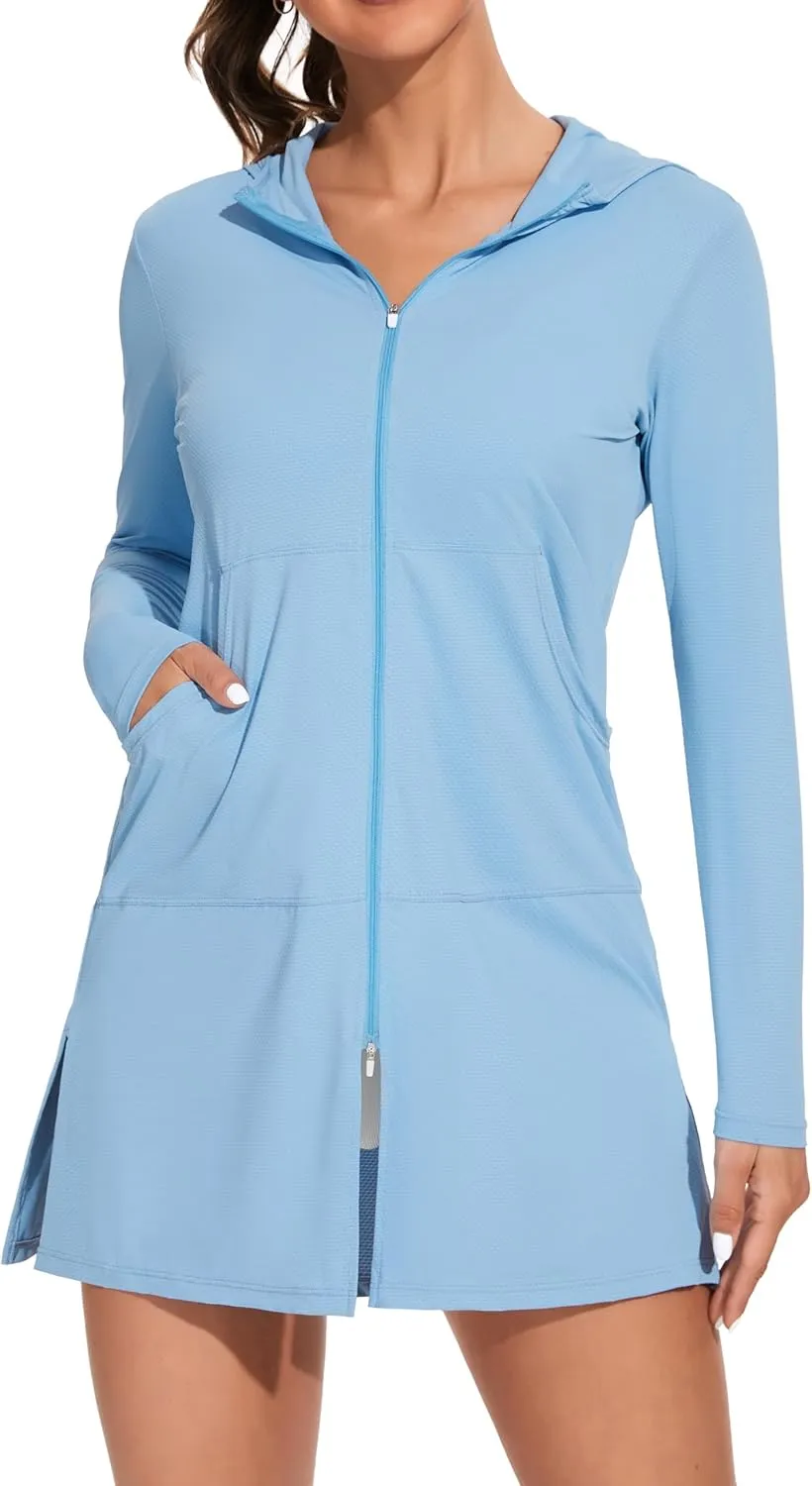 ATTRACO Womens Rash Guard Shirts Hooded Swim Shirts with Pockets Zipper Swimsuit Cover Up