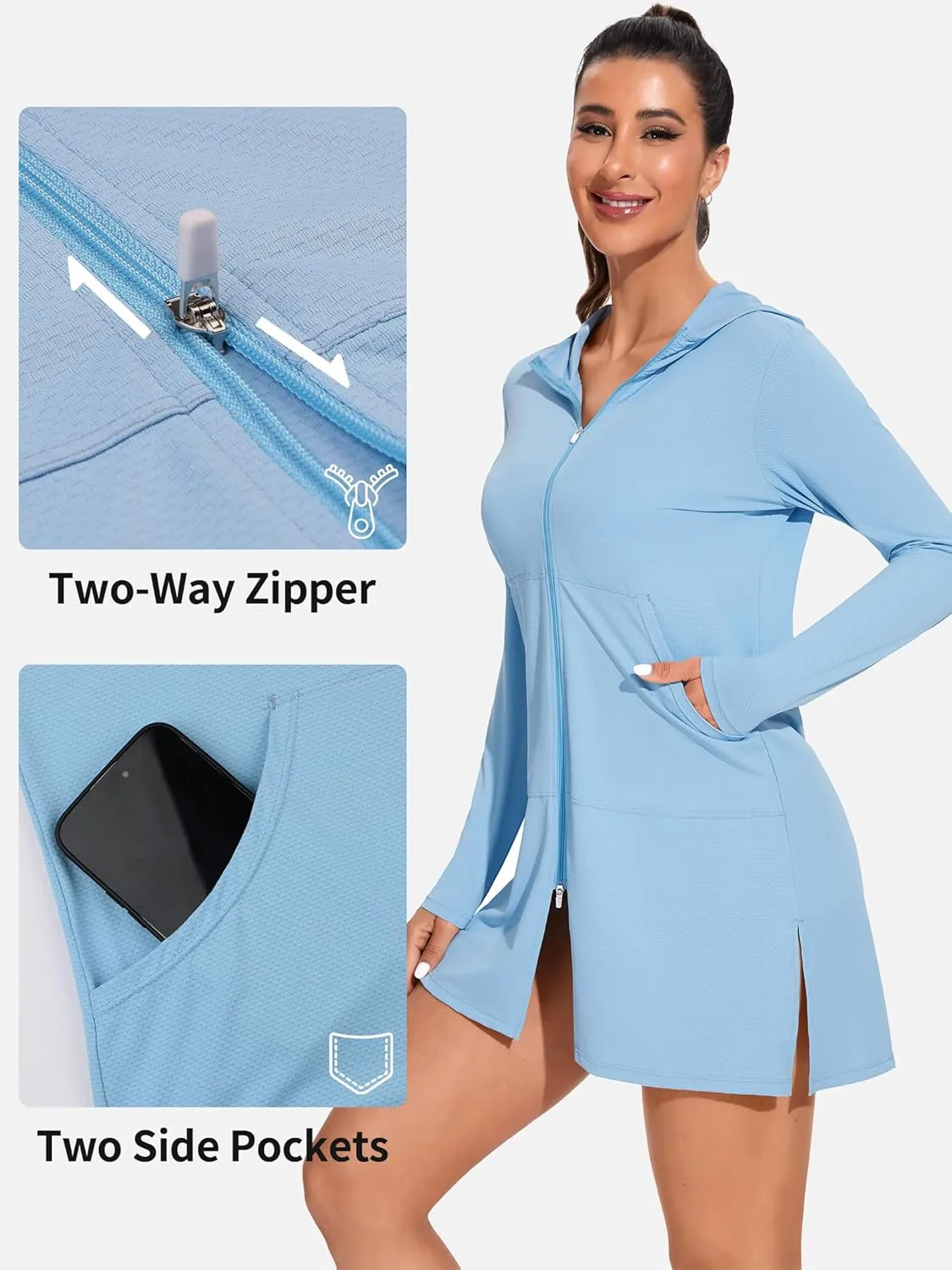 ATTRACO Womens Rash Guard Shirts Hooded Swim Shirts with Pockets Zipper Swimsuit Cover Up
