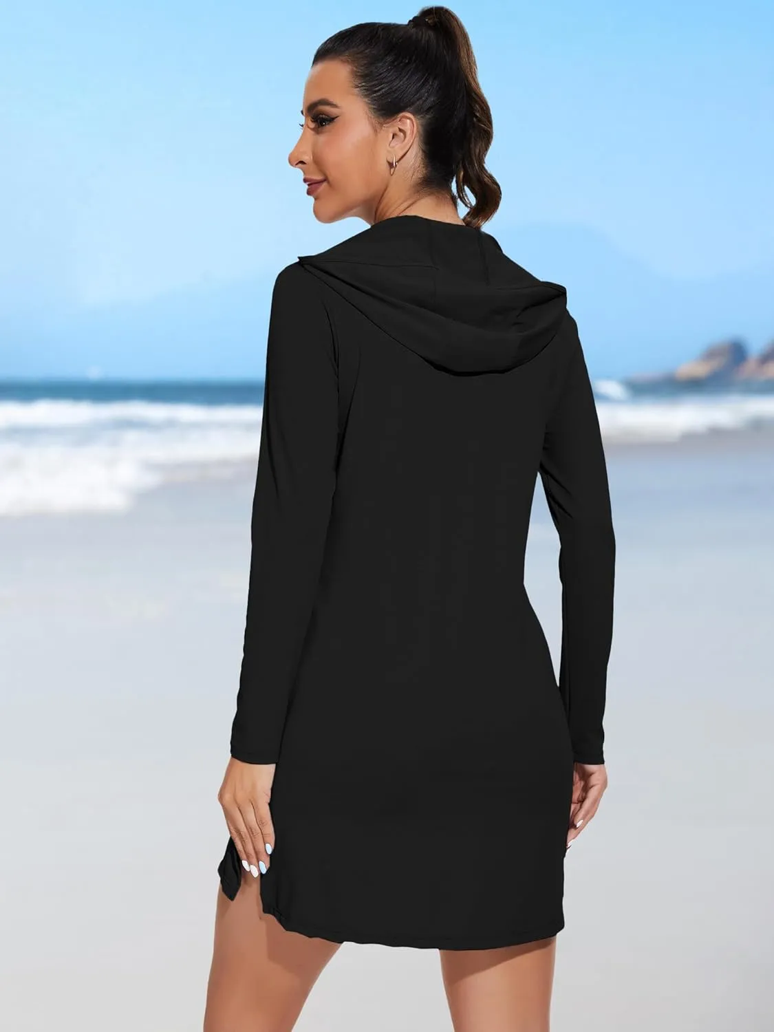 ATTRACO Womens Rash Guard Shirts Hooded Swim Shirts with Pockets Zipper Swimsuit Cover Up