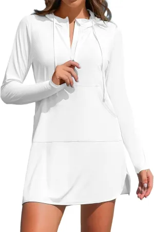ATTRACO Womens Rash Guard Shirts Hooded Swim Shirts with Pockets Zipper Swimsuit Cover Up