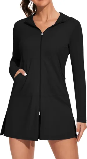 ATTRACO Womens Rash Guard Shirts Hooded Swim Shirts with Pockets Zipper Swimsuit Cover Up