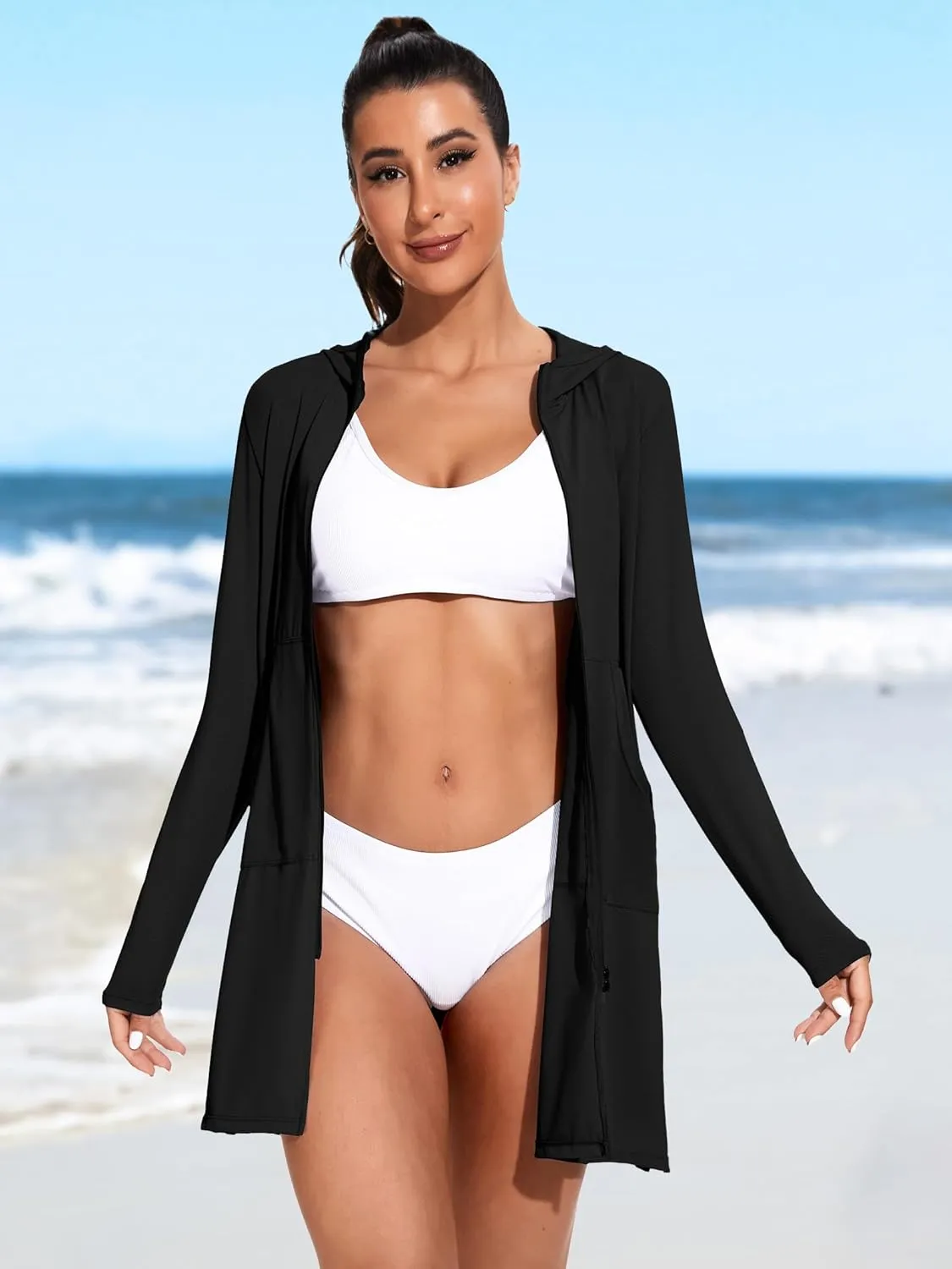 ATTRACO Womens Rash Guard Shirts Hooded Swim Shirts with Pockets Zipper Swimsuit Cover Up