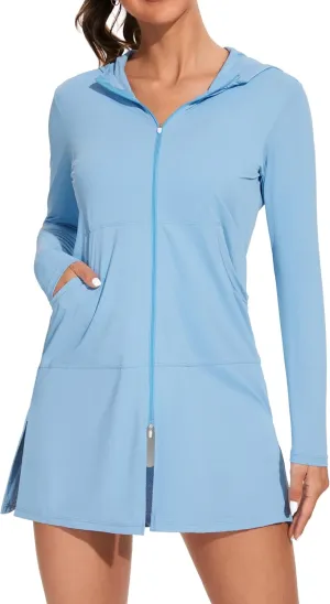 ATTRACO Womens Rash Guard Shirts Hooded Swim Shirts with Pockets Zipper Swimsuit Cover Up