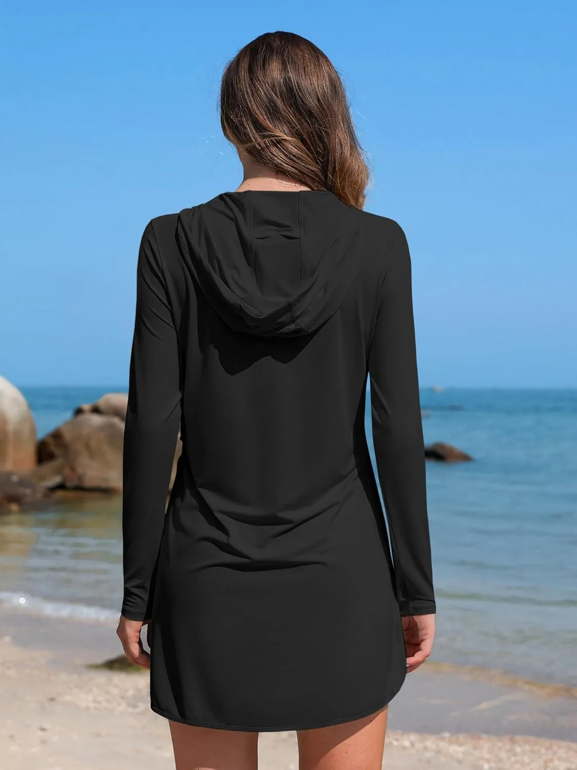 ATTRACO Womens Rash Guard Shirts Hooded Swim Shirts with Pockets Zipper Swimsuit Cover Up
