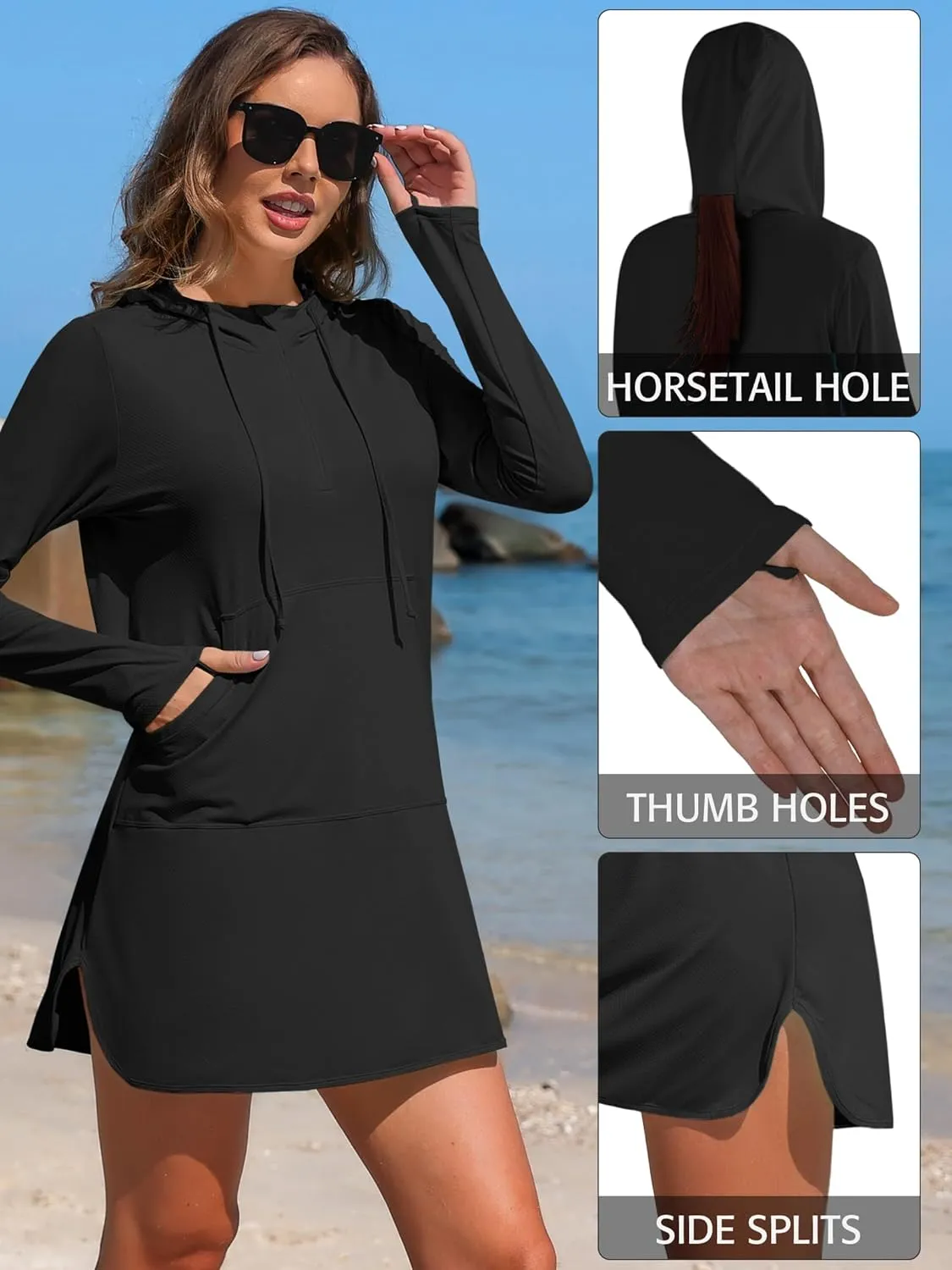 ATTRACO Womens Rash Guard Shirts Hooded Swim Shirts with Pockets Zipper Swimsuit Cover Up