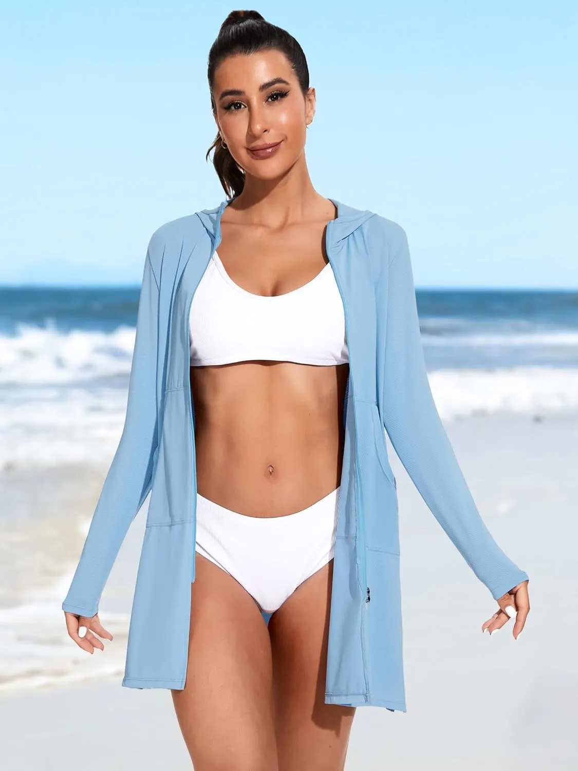 ATTRACO Womens Rash Guard Shirts Hooded Swim Shirts with Pockets Zipper Swimsuit Cover Up