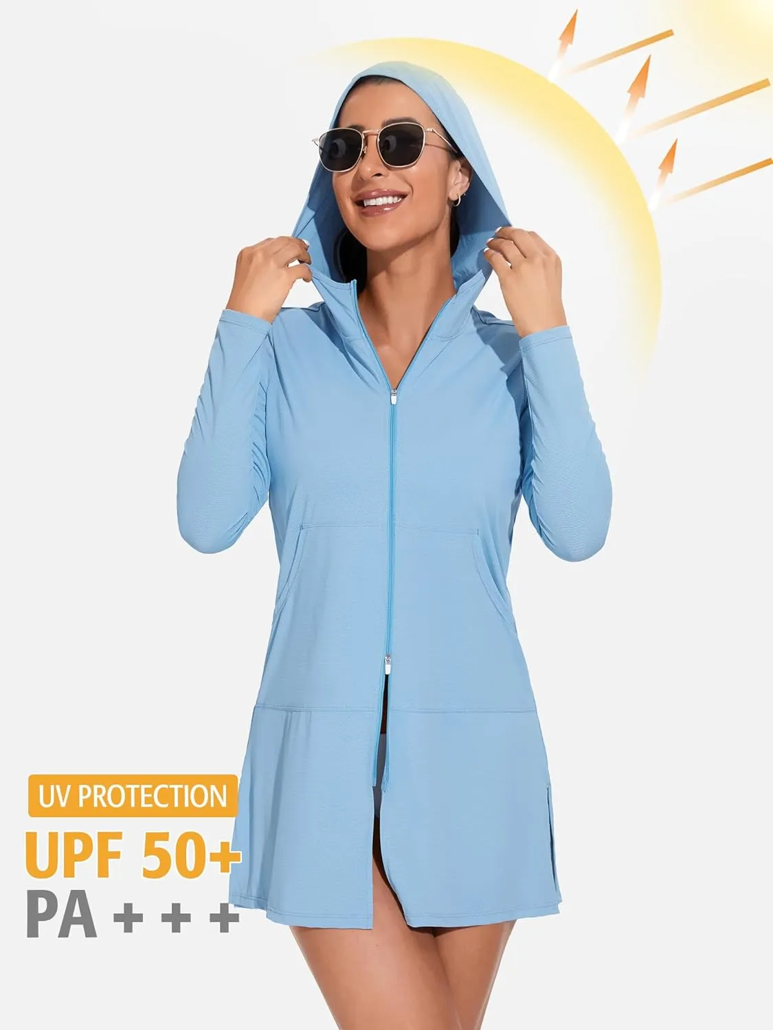 ATTRACO Womens Rash Guard Shirts Hooded Swim Shirts with Pockets Zipper Swimsuit Cover Up