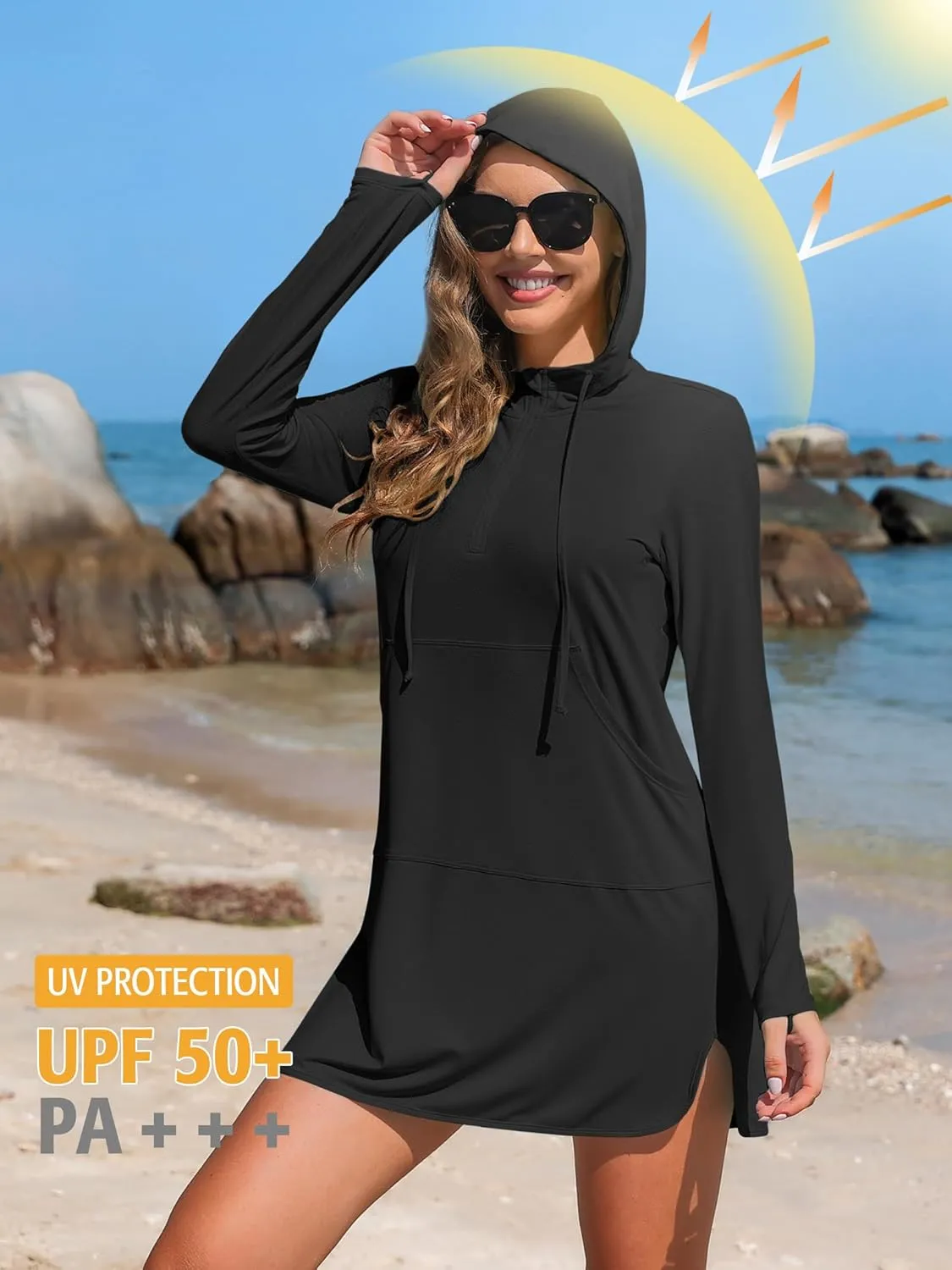 ATTRACO Womens Rash Guard Shirts Hooded Swim Shirts with Pockets Zipper Swimsuit Cover Up