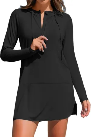 ATTRACO Womens Rash Guard Shirts Hooded Swim Shirts with Pockets Zipper Swimsuit Cover Up