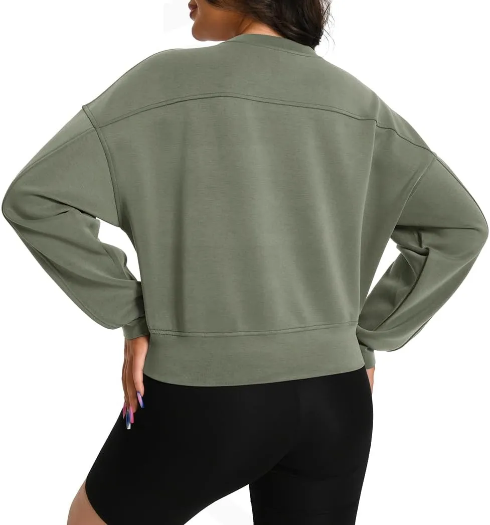 Auriviz Womens Modal Long Sleeve Cropped Sweatshirts Oversized Workout Shirts Crew Neck Pullover Crop Tops