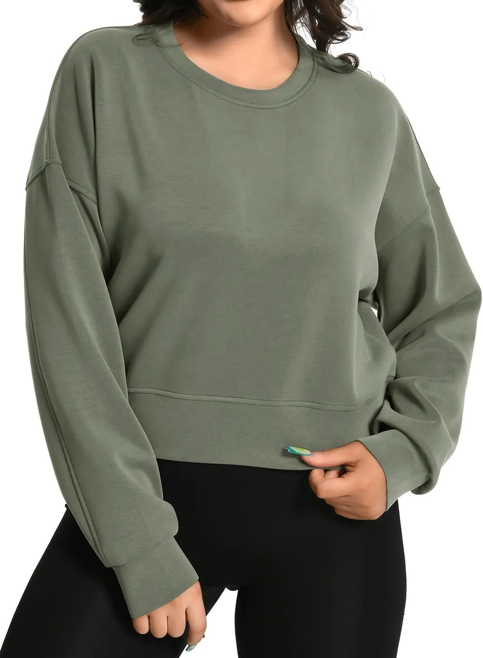 Auriviz Womens Modal Long Sleeve Cropped Sweatshirts Oversized Workout Shirts Crew Neck Pullover Crop Tops