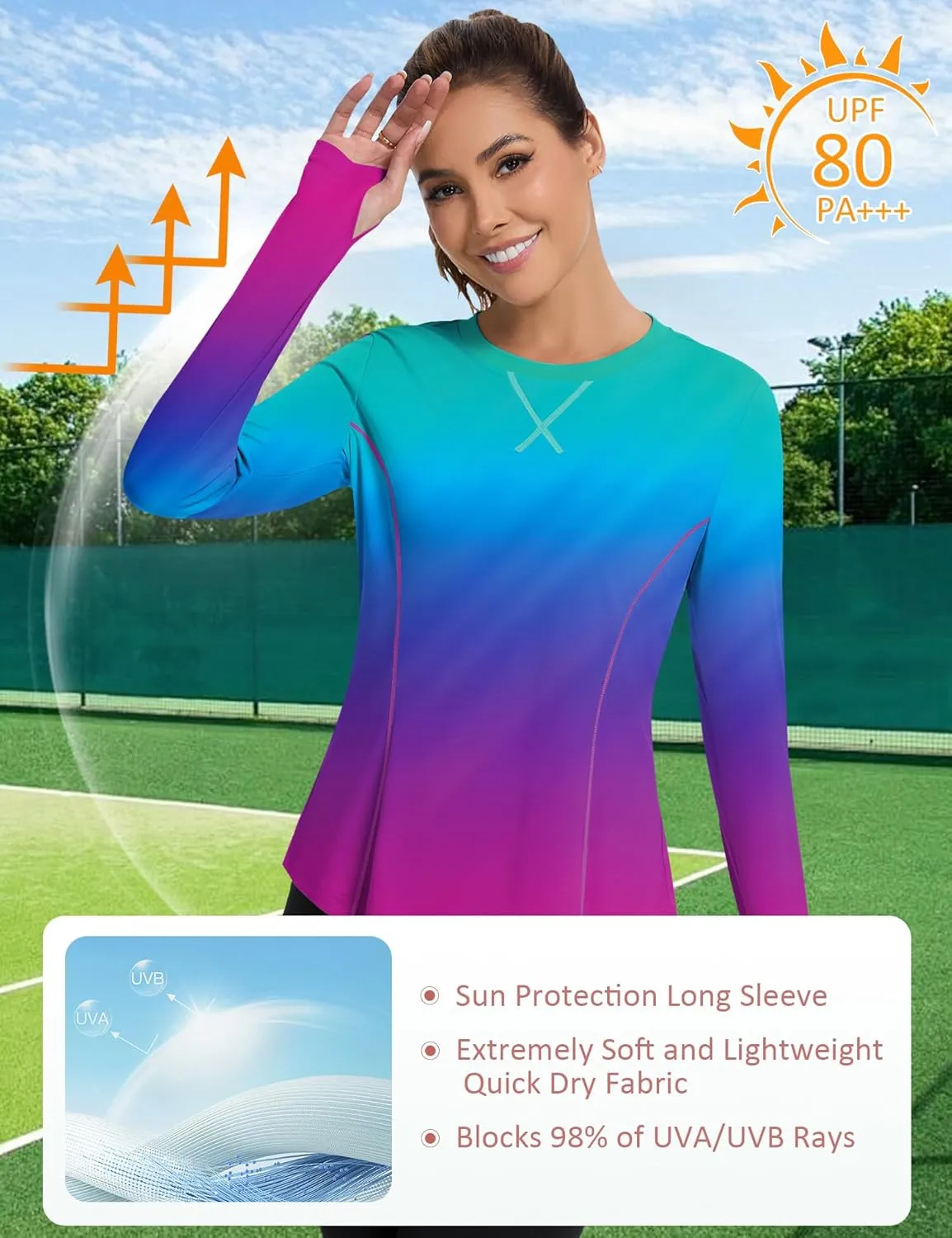 Avoogue Women UPF 80  UV Shirts Long Sleeve with Thumb Holes Workout Sun Shirt Quick Dry Athletic Hiking Running Tops