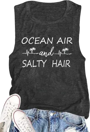 Beach Tank Tops Women Ocean Air and Salty Hair Summer Casual Graphic Sleeveless Shirts Women Vacation Vest Shirts