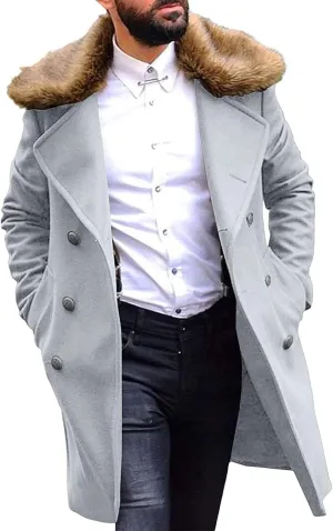 Big and Tall Trench Overcoats for Men Double Breasted Mid Length Pea Coats Faux Fur Collar Business Work Trench Coats