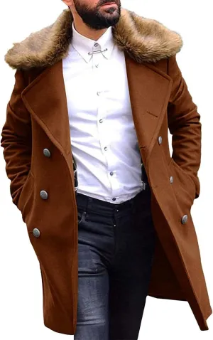 Big and Tall Trench Overcoats for Men Double Breasted Mid Length Pea Coats Faux Fur Collar Business Work Trench Coats