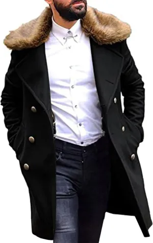 Big and Tall Trench Overcoats for Men Double Breasted Mid Length Pea Coats Faux Fur Collar Business Work Trench Coats