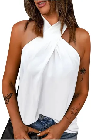 Binmer Womens Crisscross Halter Tops Summer Fashion Blouse Off Shoulder Sleeveless Shirts Casual Loose Solid Tunic Vest Camis