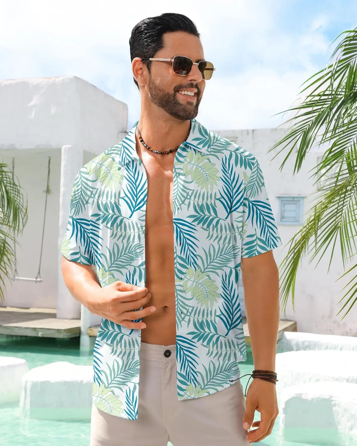 BOJIN Men's Hawaiian Wrinkle Free Short Sleeve Button Down Tropical Floral Beach Vacation Shirt