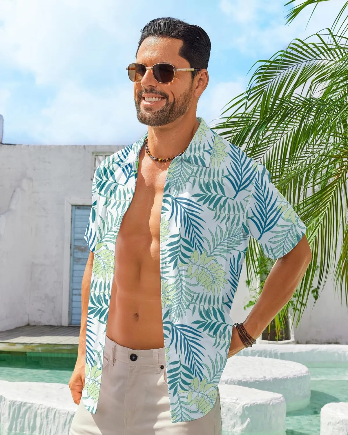 BOJIN Men's Hawaiian Wrinkle Free Short Sleeve Button Down Tropical Floral Beach Vacation Shirt
