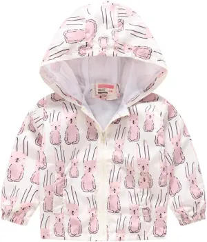 Boys Girls Sunscreen Hooded Cartoon Print Zip Jacket Trench Lightweight Coats Windbreaker Casual Outerwear