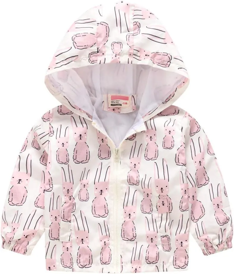 Boys Girls Sunscreen Hooded Cartoon Print Zip Jacket Trench Lightweight Coats Windbreaker Casual Outerwear