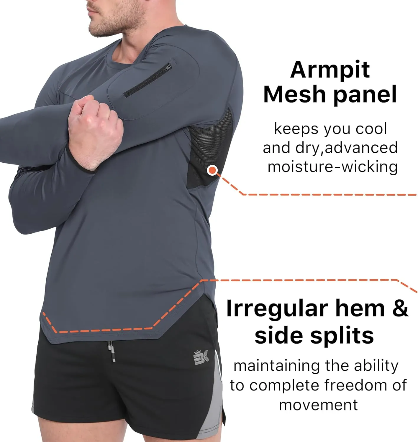 BROKIG Men's Armzip Long Sleeve Running Shirts Quick Dry Sun Protection UV UPF 50  Jogging T Shirts Zip Pocket Gym Workout