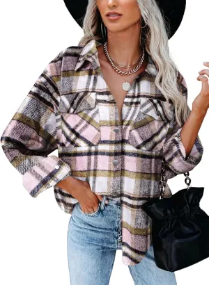 BTFBM Womens Plaid Jacket Long Sleeve Button Down Casual Flannel Shacket Shirts Loose Fall Spring Blouses Tops 2025