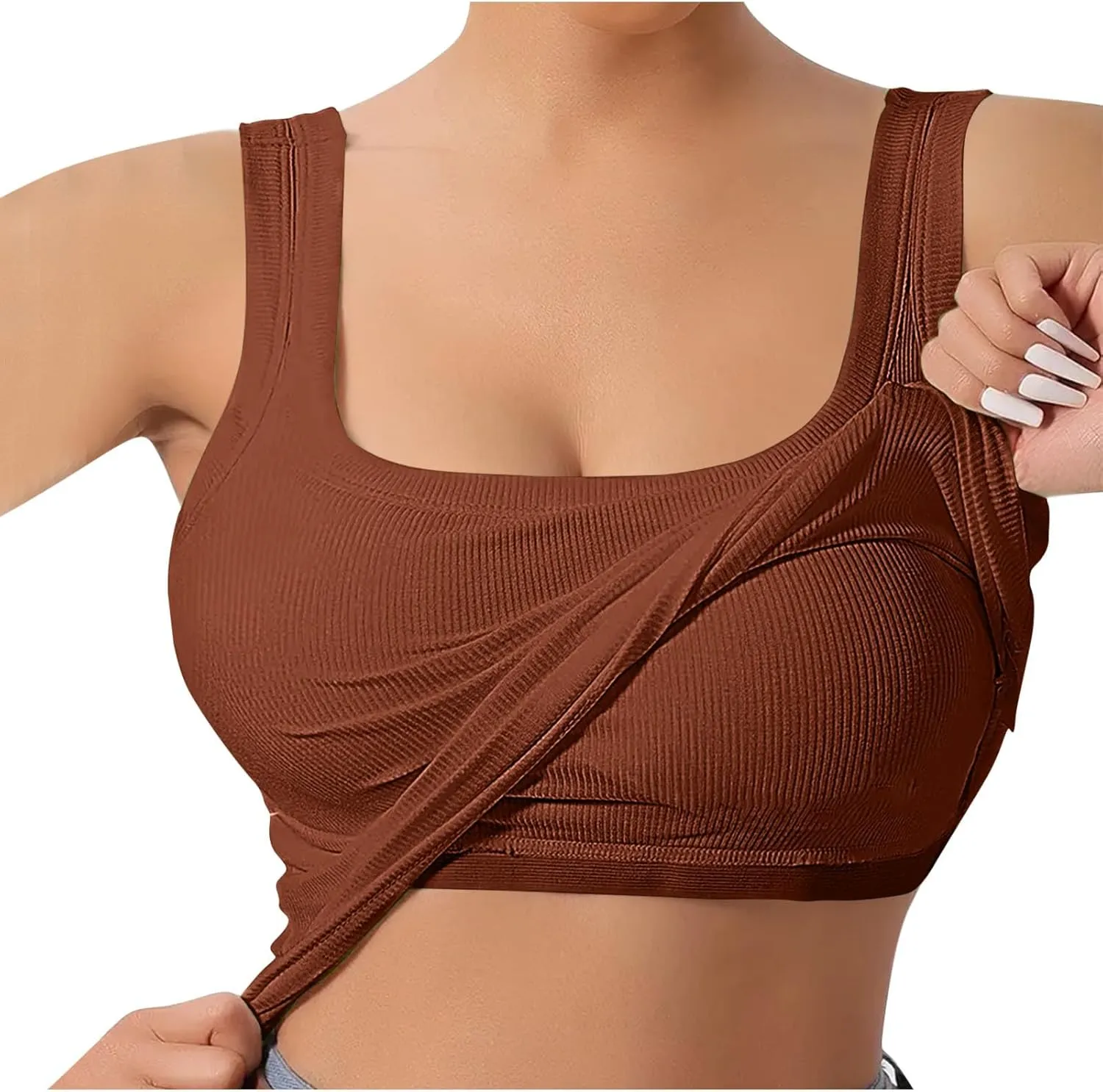 Built in Bra Tank Tops for Women 2024 Summer Casual Ribbed Knit Camisole U Neck Sleeveless Padded Workout Tops