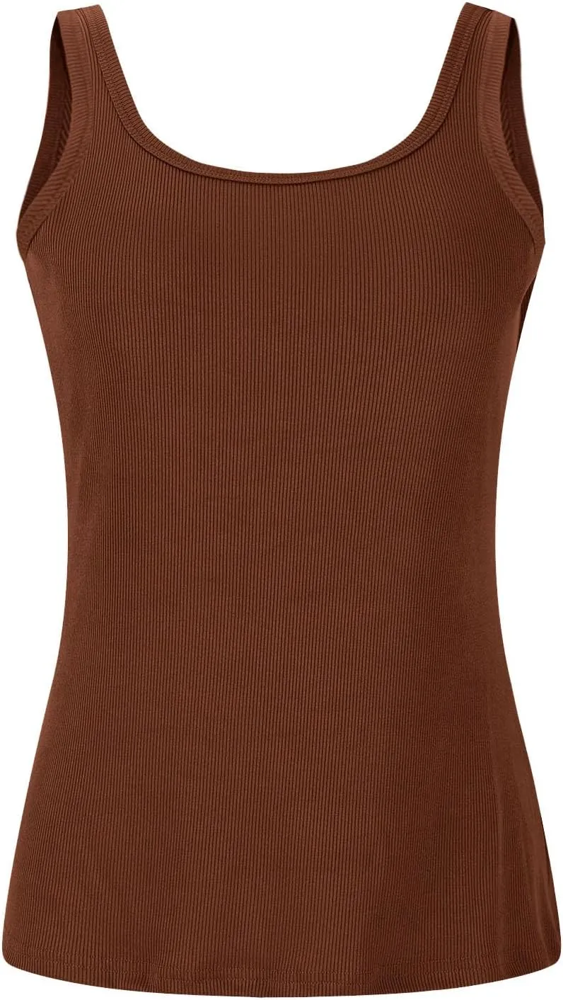 Built in Bra Tank Tops for Women 2024 Summer Casual Ribbed Knit Camisole U Neck Sleeveless Padded Workout Tops