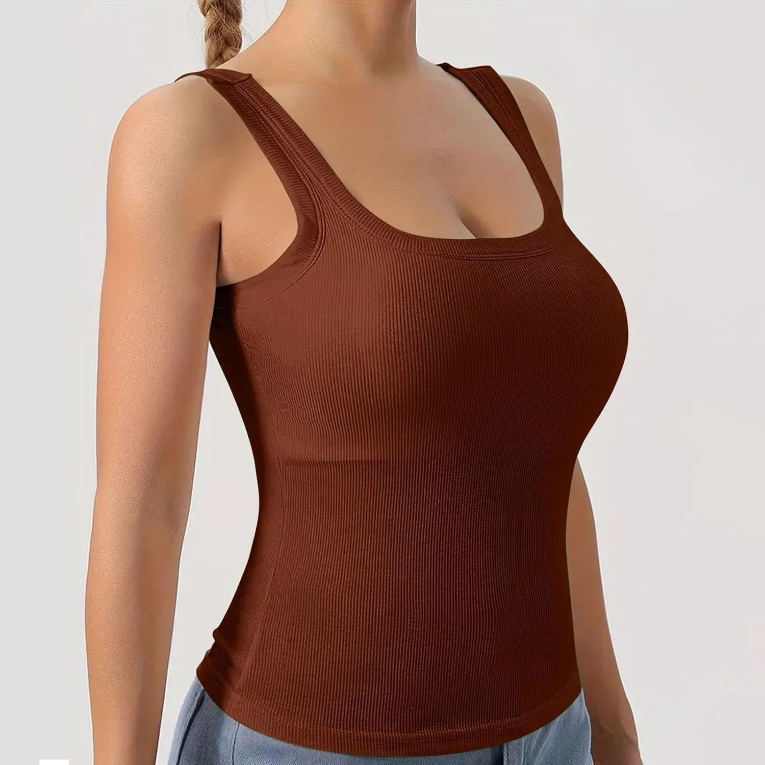 Built in Bra Tank Tops for Women 2024 Summer Casual Ribbed Knit Camisole U Neck Sleeveless Padded Workout Tops