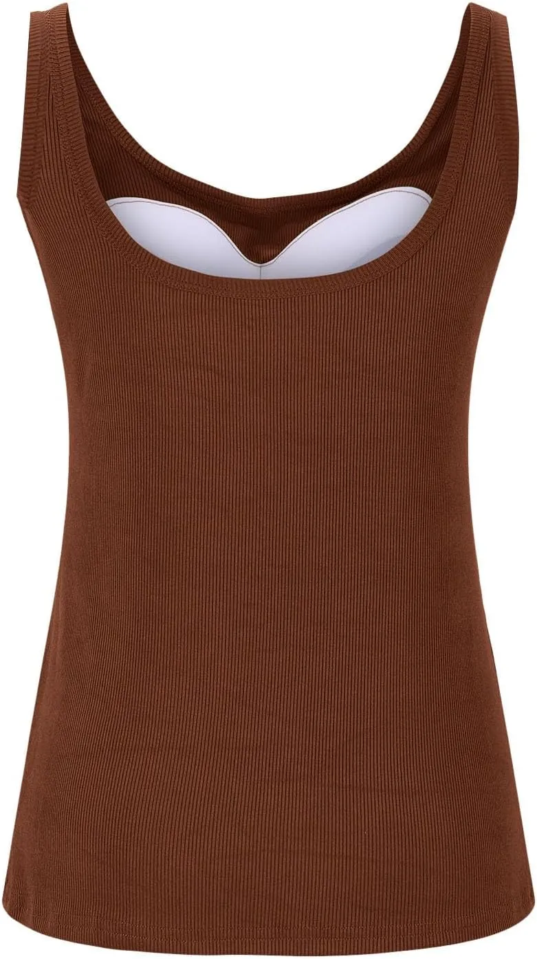 Built in Bra Tank Tops for Women 2024 Summer Casual Ribbed Knit Camisole U Neck Sleeveless Padded Workout Tops