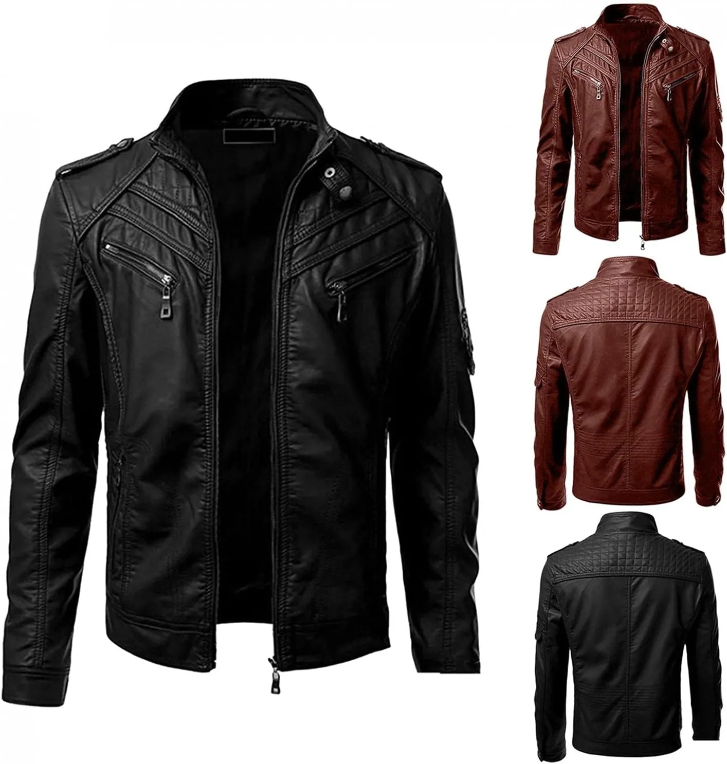 Burband Mens Vintage Zip Up Faux Leather Jackets Luxury Lambskin Punk Motorcycle Racer Jackets Big and Tall Bomber Jackets