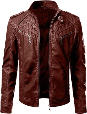 Burband Mens Vintage Zip Up Faux Leather Jackets Luxury Lambskin Punk Motorcycle Racer Jackets Big and Tall Bomber Jackets