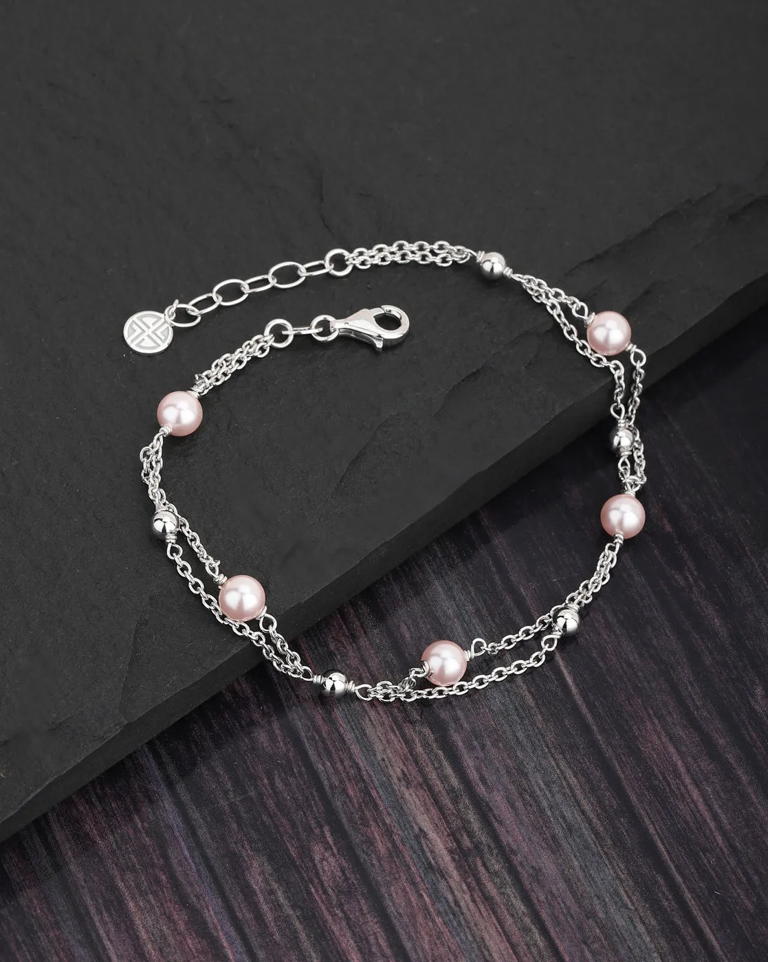 Carlton London 925 Sterling Silver Rhodium-Plated Silver Toned Multi-Stranded Pink Beaded Anklet For Women