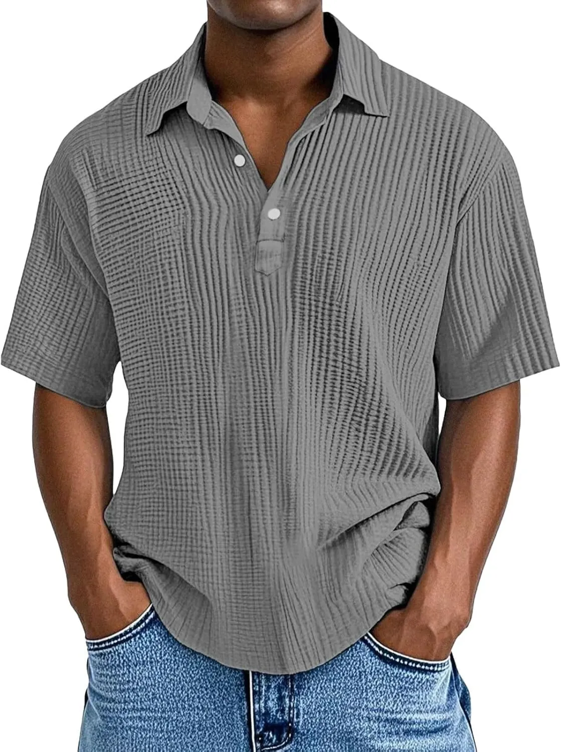 Casual Polo Shirts for Men Classic Pleated Textured Tops Summer Moisture Wicking Quick Dry Shirts Button Lapel Tops