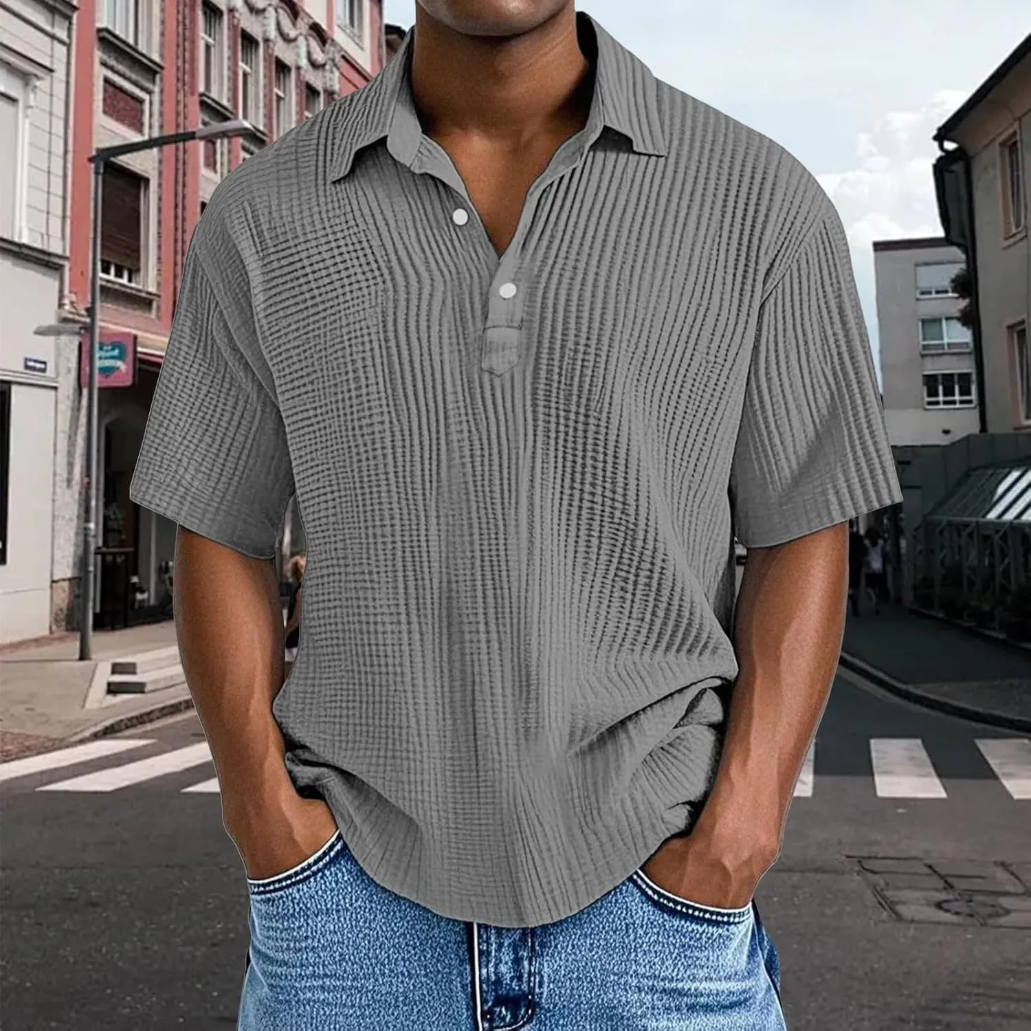 Casual Polo Shirts for Men Classic Pleated Textured Tops Summer Moisture Wicking Quick Dry Shirts Button Lapel Tops