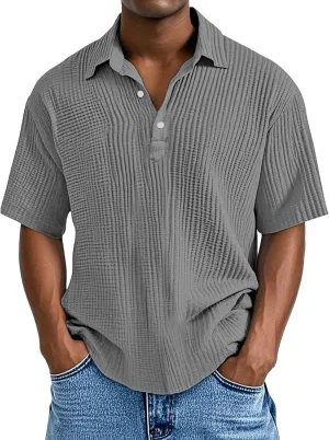 Casual Polo Shirts for Men Classic Pleated Textured Tops Summer Moisture Wicking Quick Dry Shirts Button Lapel Tops