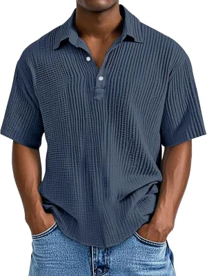 Casual Polo Shirts for Men Classic Pleated Textured Tops Summer Moisture Wicking Quick Dry Shirts Button Lapel Tops