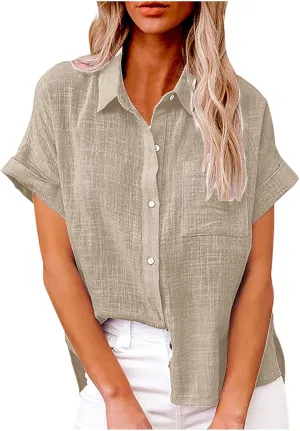 Ceboyel Women Cotton Linen Summer Shirts Collared Button Down Blouses Gauze Short Sleeve Tops Causal Ladies Outfits 2023